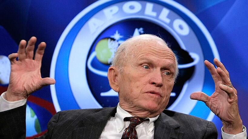 WASHINGTON - NOVEMBER 13: Apollo 8 crew member Frank Borman speaks during a live taping of a NASA TV program at the Newseum November 13, 2008 in Washington, DC. The former astronauts participated in a discussion on the December 1968 lunar orbital mission and how the success of Apollo 8 contributed to the overall moon landing effort that culminated just six months later with Apollo 11 and to commemorate NASA's 50th anniversary. (Photo by Alex Wong/Getty Images)