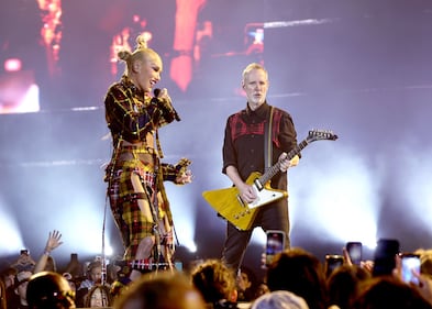 INDIO, CALIFORNIA - APRIL 13:  Gwen Stefani and Tom Dumont of No Doubt performs at the Coachella Stage during the 2024 Coachella Valley Music and Arts Festival at Empire Polo Club on April 13, 2024 in Indio, California. (Photo by Arturo Holmes/Getty Images for Coachella)